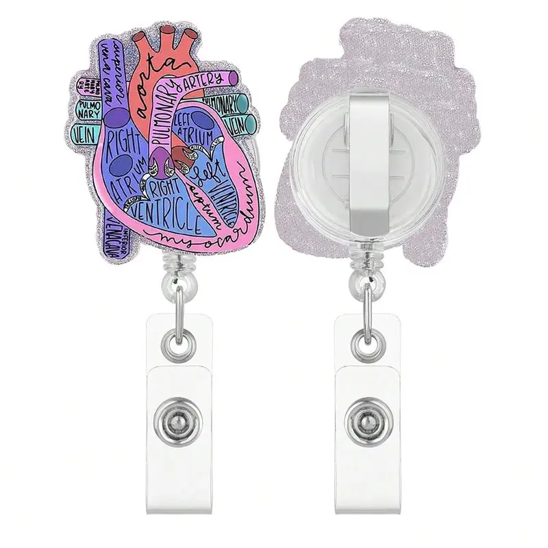 Heart Pattern Badge Holder, 1 Count Retractable Badge Reel with ID Clip, Identification Badges & Supplies for Nurse Doctor Student Worker 5