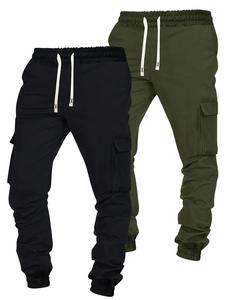 Men's 2pcs Plain Drawstring Waist Cargo Pants, Casual Flap Pocket Jogger Pants for Spring & Fall, Men's Trousers for Daily Wear, Menswear, Work Trousers Men, Pants for Men