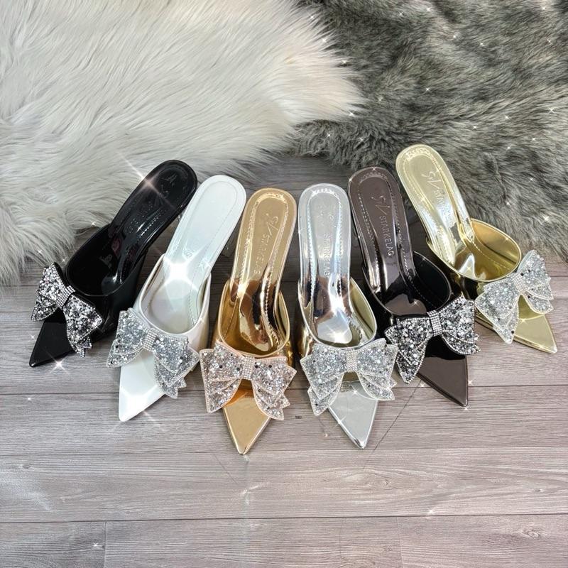 CÓ HỘP Dép cao gót 7p mũi nhọn quai ngang đính nơ đá lấp lánh gót ly trong dễ mang đi tiệc đi hằng ngày cho nữ Women Shoes
