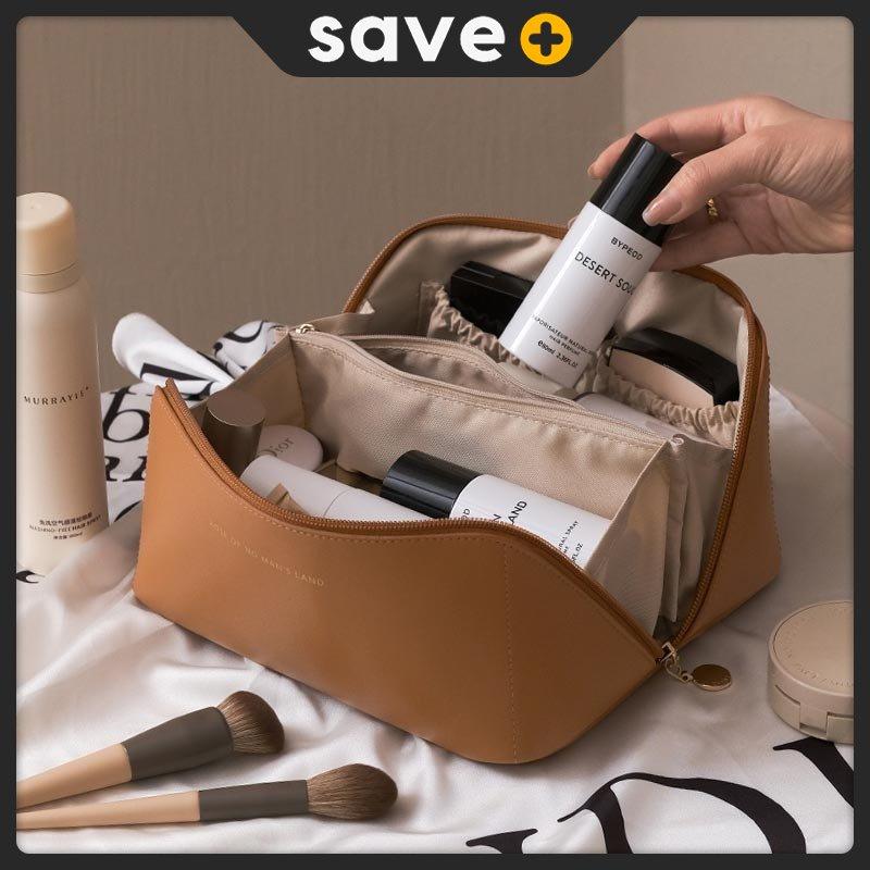 SAVE+ Large Capacity Leather Cosmetic Bag Makeup Bag Travel Organizer ...