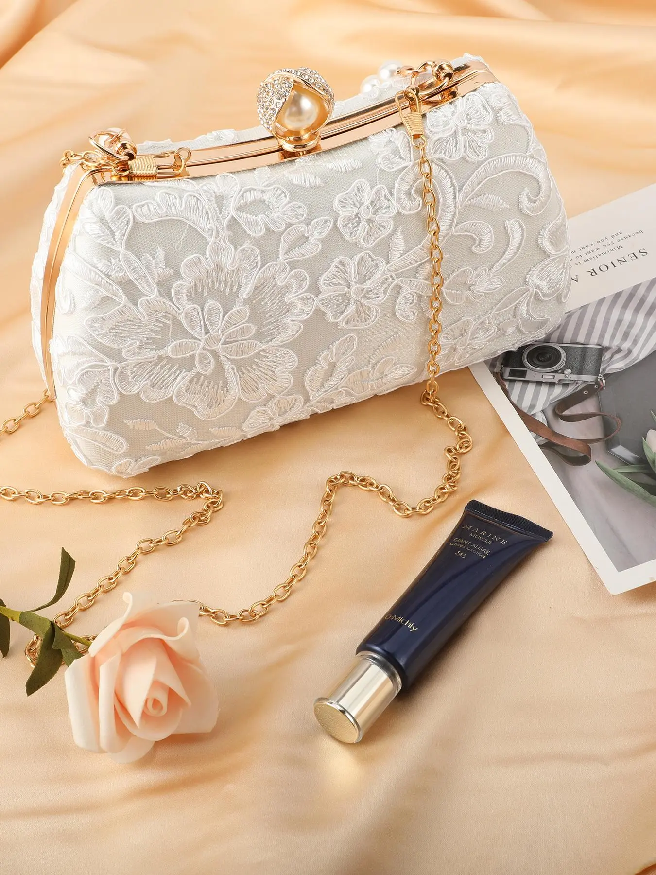 Women's Elegant Flower Pattern Lace Evening Bag, Exquisite Trendy Chain Strap Clutch Bag, Fashionable Bag for Party Decoration