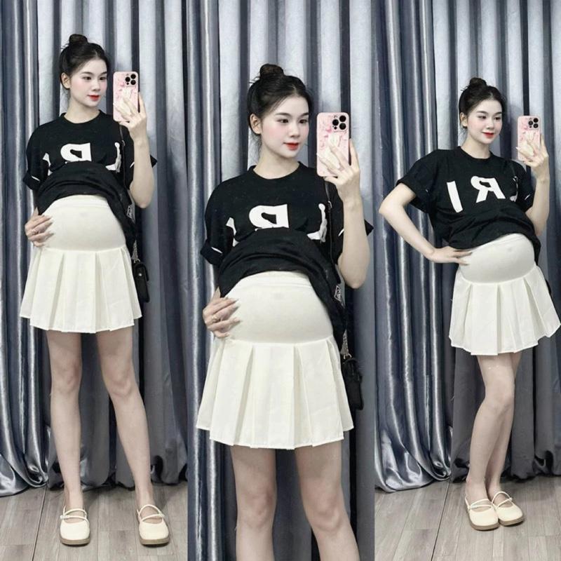 Chân váy bầu xếp li ngắn trên gối có lót trong,có đáp và chun điều chỉnh vòng bụng 1