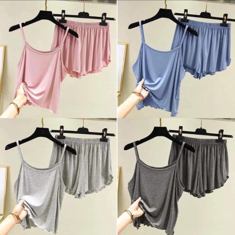 Bộ Đồ Ngủ Nữ,Set Áo 2 Dây Và Quần Đùi Vải Gân Tăm Phom Rộng Mặc Thoải Mái Nhung Women
