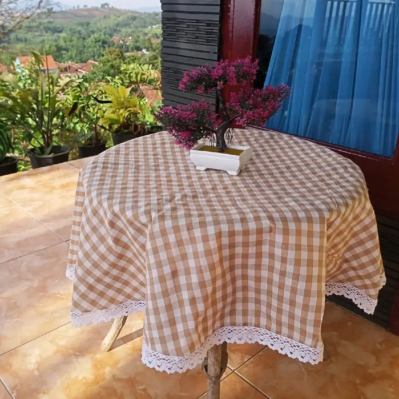 taplak meja bulat renda rajut estetik kekinian motif kain kotak kotak Gingham Ala korea 2