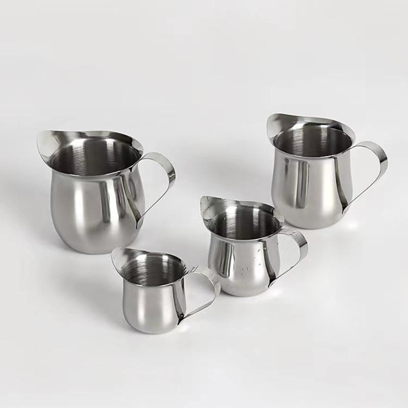 Product Introduction of speetty 2Pcs Drinkware Stainless Steel Milk Coffee Cup Heat Resistant Multi-Functional Creamer Milk Jug Bell-Shaped Mini Flavoring Cup for Barista 17