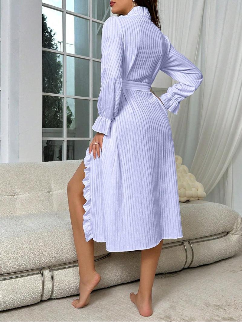 Product Introduction of Women's Solid Color Ruffle Trim Belted Lounge Robe, Casual Long Sleeve Open Front Robe for Women, Ladies Sleepwear for All Seasons 8