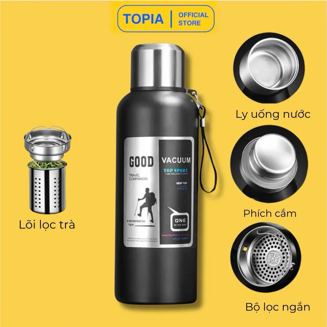 Bình Giữ Nhiệt GOOD Vacuum Dung Tích lớn 600-800-1000, Inox 316 Giữ Lạnh 20h Giữ Nóng Hơn 8h, Có Ngăn Lọc Trà Và Cốc Uống Tiện Lợi - TOPIA