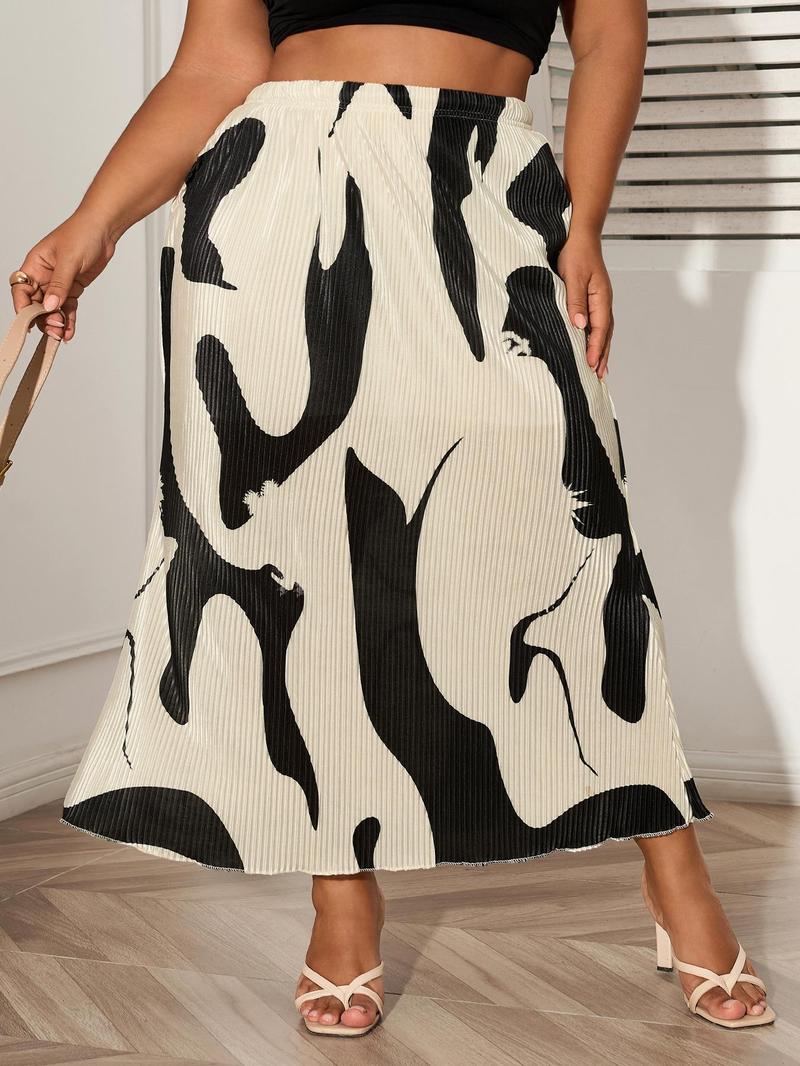 Product Introduction of CURVZY Plus Size Abstarct Print Elastic Waist Pleated Skirt, Casual High Waist Long Skirt for Summer, Women's Bottoms for Daily Wear 15