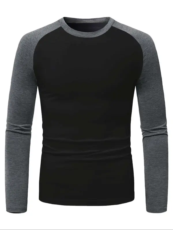 Men's Colorblock Raglan Sleeve Round Neck Tee, Casual Long Sleeve T-shirt for All Seasons, Fashion Men's Top for Daily Wear 6