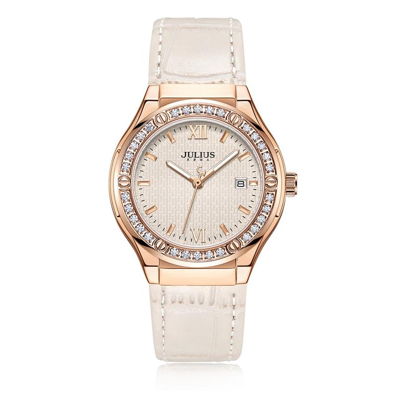 Đồng Hồ Nữ JA-1395C Julius Hàn Quốc Dây Da Trắng kem Women Voi
