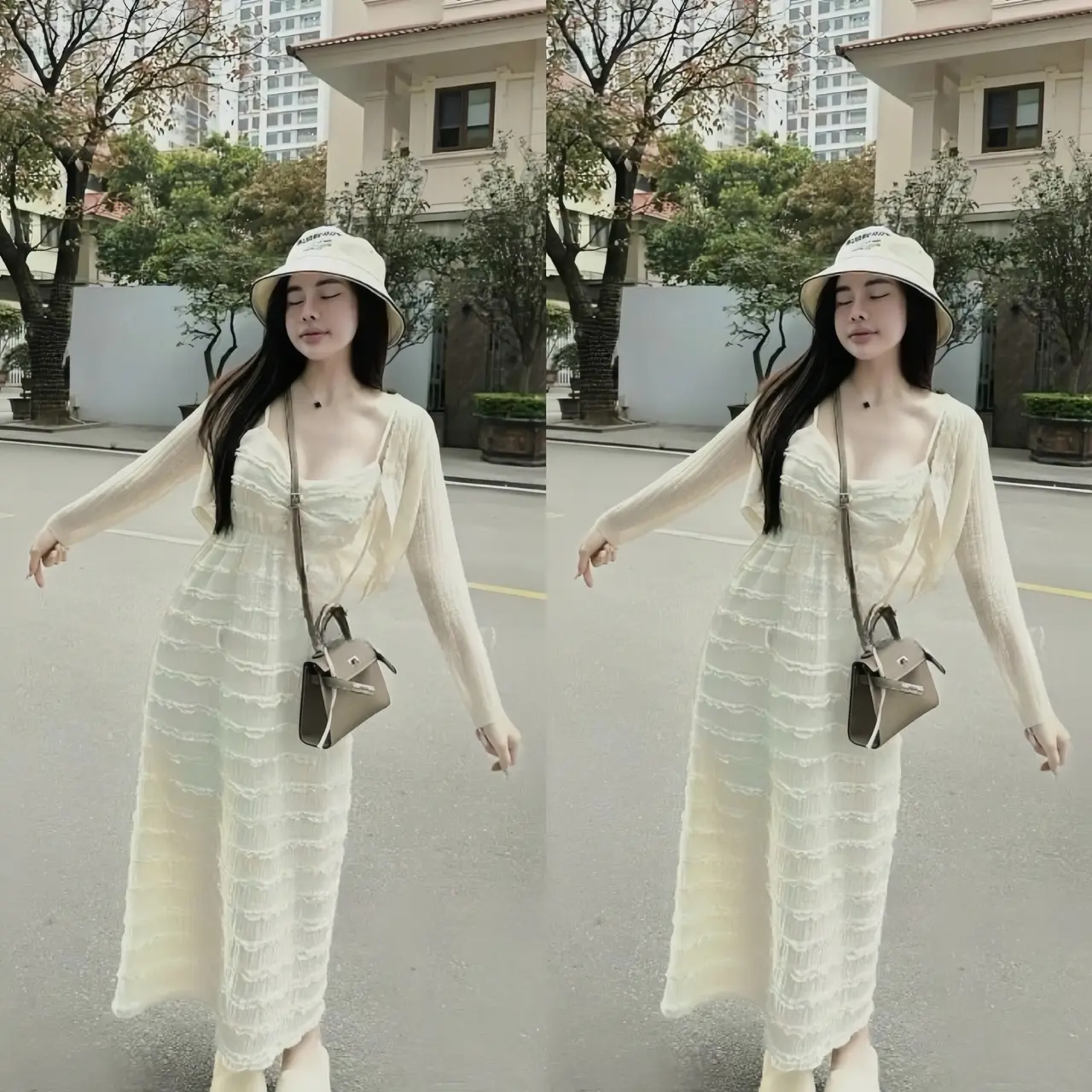 Đầm Váy Nữ 2 Dây  Nhún Eo Dáng Dài Xếp Tầng Kèm Khoác Ngoài Tay Dài Điệu Đà Dành Cho Các Nàng Diện Chơi Women Ren Nhung Kem