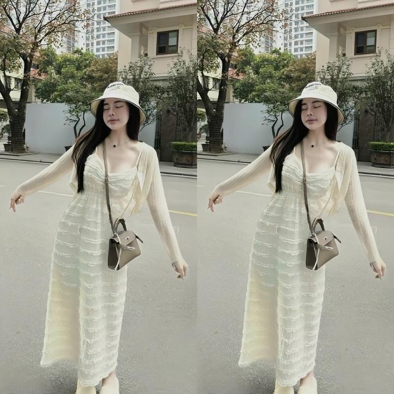 Đầm Váy Nữ 2 Dây Nhún Eo Dáng Dài Xếp Tầng Kèm Khoác Ngoài Tay Dài Điệu Đà Dành Cho Các Nàng Diện Chơi Women Ren Nhung Kem