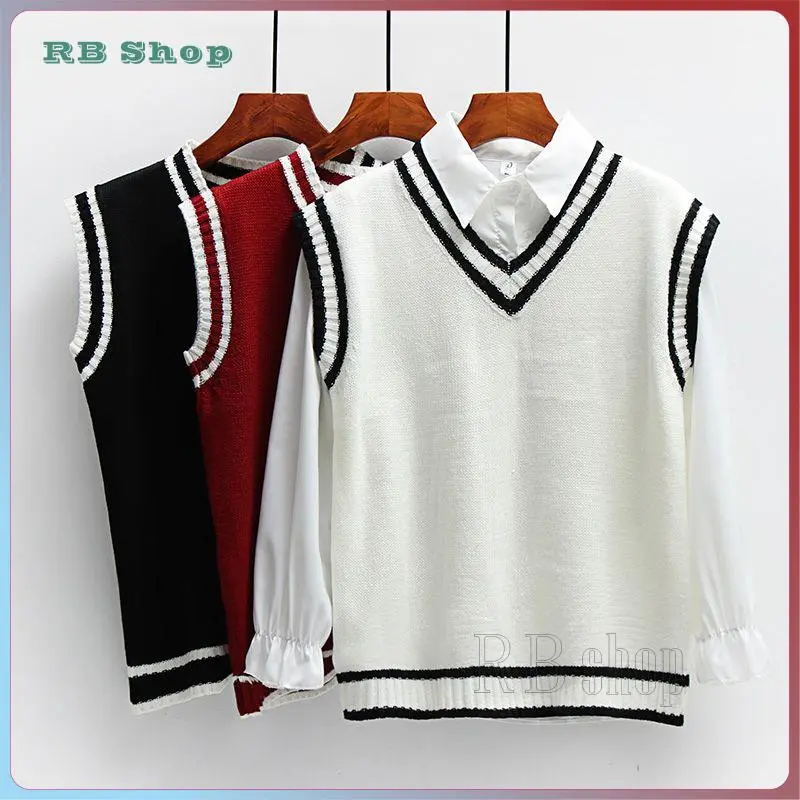 Knitwear  Áo Len Phong Cách Preppy Mới Cho Nam, Áo Vest Rộng Rãi, Đa Năng, Sọc, Cổ Chữ V, Cho Học Sinh, Áo Vest Đơn