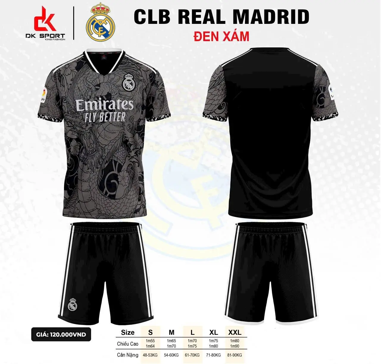 Bộ quần áo bóng đá Real Madrid họa tiết rồng - vải thun lạnh DK- logo thêu - in TÊN + SỐ theo yêu cầu
