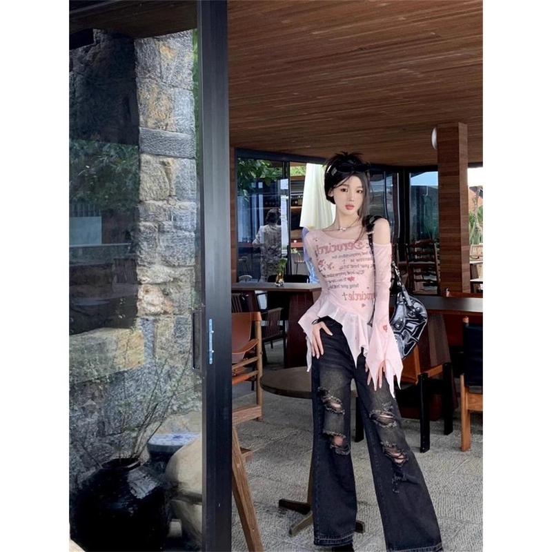 Áo Thun Nữ Dài Tay, Trễ Vai, Tay Áo Loe, Khâu Lưới, Bất Đối Xứng, Áo Vai Nghiêng Voi Women Top Voan Sơ Mi Shirt Jean outfit Màu Hồng 4