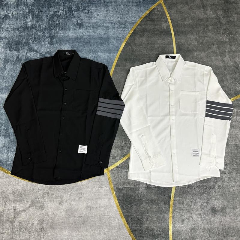 Áo sơ mi nam tay dài 4 sọc xám viền tay, chất vải cotton lụa dày dặn thoáng mát, phong cách lịch sự MENSWEAR TOP màu trắng