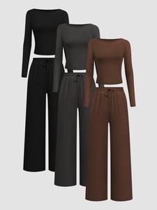 Women's Solid Boat Neck Long Sleeve Tee & Drawstring Waist Pants Set, Casual Comfy Outfits for Daily Wear, Ladies Clothes for All Seasons