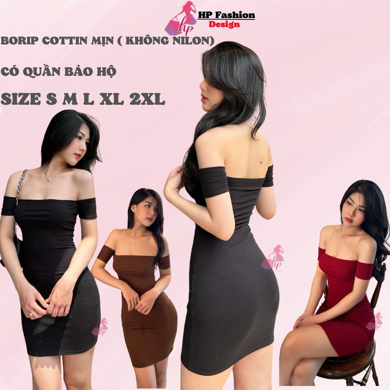 CÓ QUẦN BẢO HỘ cotton mịn qc Đầm trễ vai body dáng ngắn body không mút váy kiểu nữ màu đen nâu sáng da đi tiệc tiểu thư sang chảnh có bigsize HP29