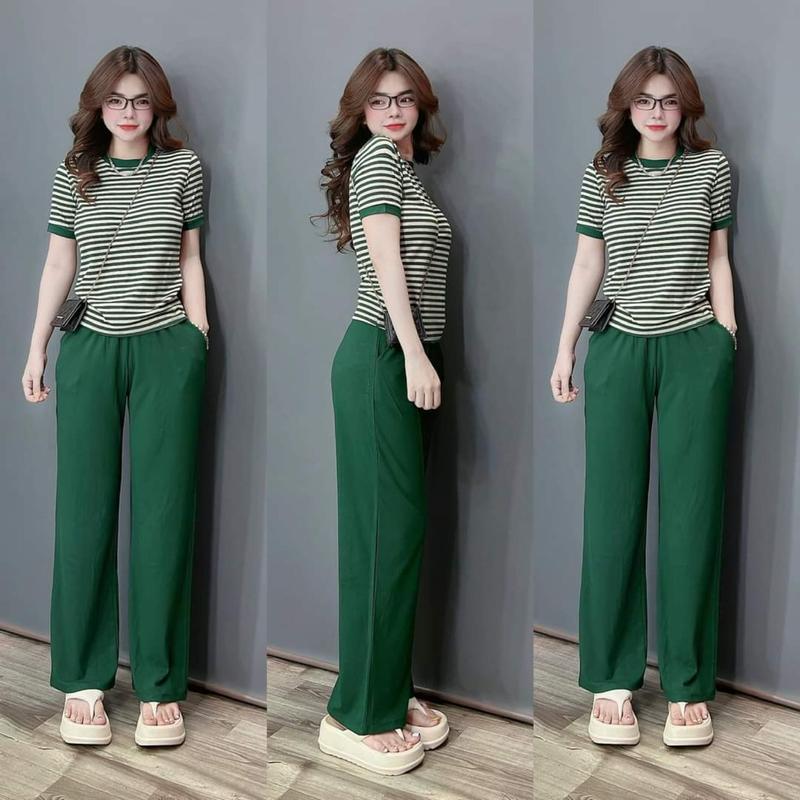 SET THUN GÂN TĂM LẠNH ÁO CỔ TRÒN TAY NGẮN MIX QUẦN DÀI ỐNG SUÔNG Nữ Ong Top Women Voi