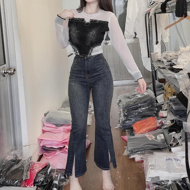 Quần jean ống loe xẻ ống lưng cao form lửng 9 tấc cho nấm lùn jean co giãn đẹp ạ Women Nữ Pants quầndành chom jeans bò