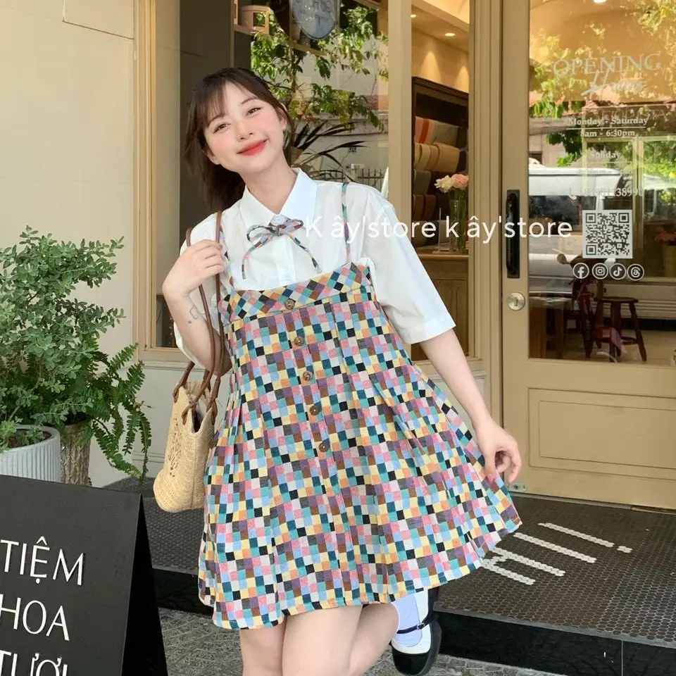 Sét ,Yếm Thanh Lịch Váy RINA Dress,Yếm 2 Dây Họa Tiết Kẻ Ô Siêu Xinh, Aó Sơ Mi Cơ Bản Ngắn Tay Kèm Dây Nơ Siêu Xinh
