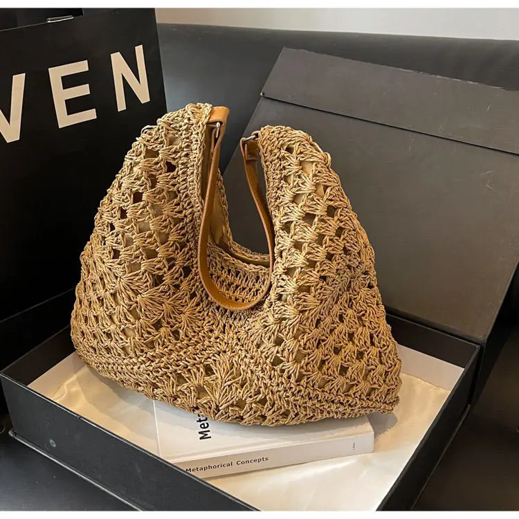 Túi Tote, Phong Cách Mới, Thiết Kế Khoét Lỗ Và Dệt, Chất Liệu Rơm Đi Biển, Dễ Phối Đồ, Đeo Một Bên Vai, Túi Sức Chứa Lớn 7