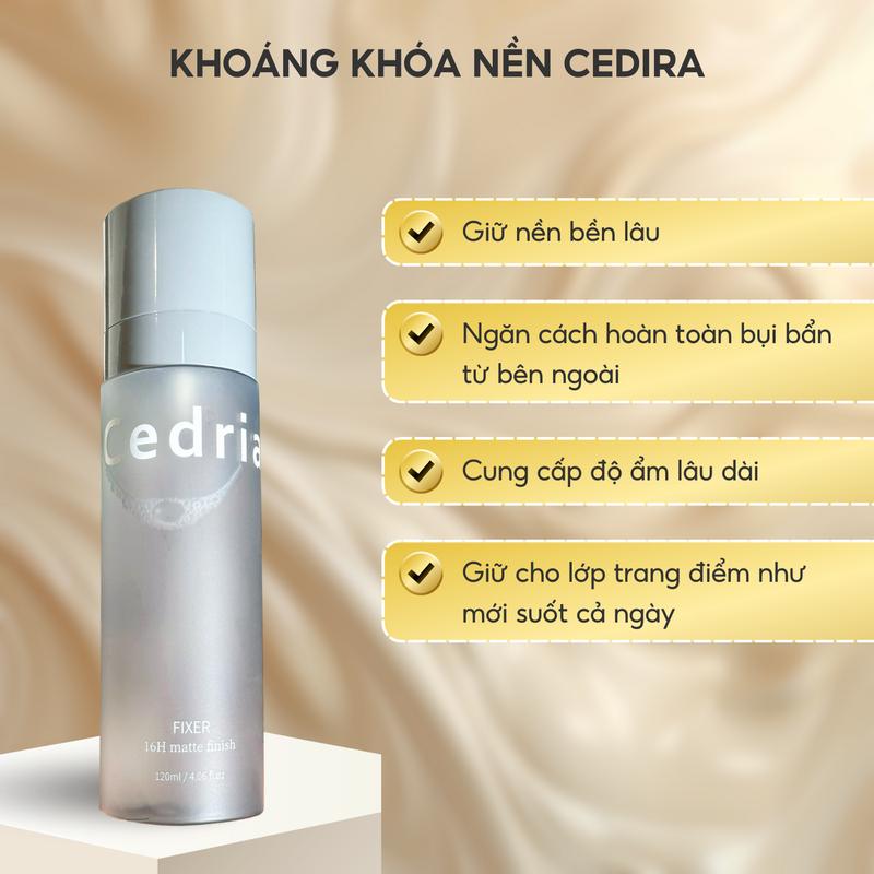 Xịt Khoáng Khóa Nền Cedria 120ml – Cố định lớp trang điểm bền lâu, giữ nền tươi mới cả ngày. Dưỡng ẩm với chiết xuất rau má, rễ cam thảo, bảo vệ da khỏi bụi bẩn và dầu thừa hiệu quả. 3