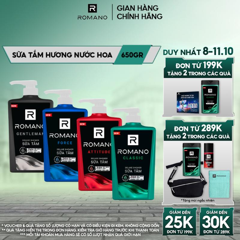 Sữa tắm Dưỡng Thể cho nam Romano hương nước hoa Classic/ Attitude/ Force/ Gentleman 650g/ chai - 4 mùi hương có sẵn