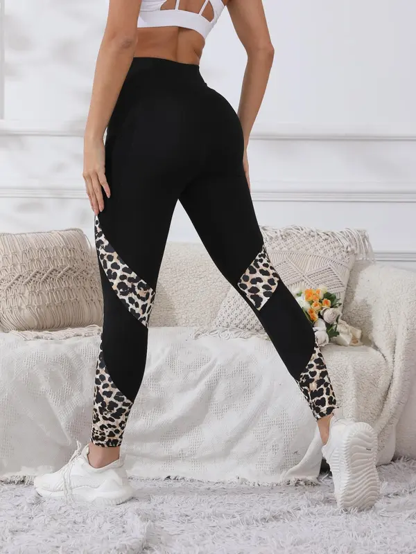Women's Colorblock & Leopard Patchwork Pocket Sports Leggings, Casual Comfy Breathable High Stretch Yoga Leggings, Ladies Sportswear for Indoor Outdoor Wear, Gym Clothes 1
