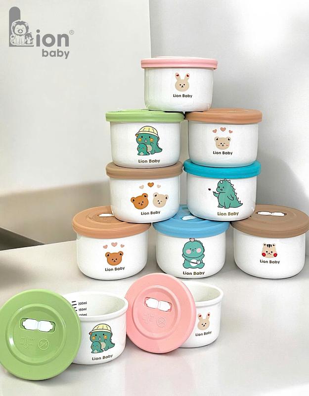 Hũ sứ chia vạch Lion baby đựng đồ ăn dặm, trữ đông đồ ăn có nắp đậy silicon cho bé