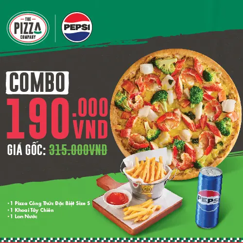 Combo Pizza Hải Sản Pesto Xanh S - (1-2người) - 1 Pizza Hải Sản Pesto Xanh size S + 1 Khoai Tây Chiên + 1 lon Pepsi - The Pizza Company - (Giao nhanh 1H)