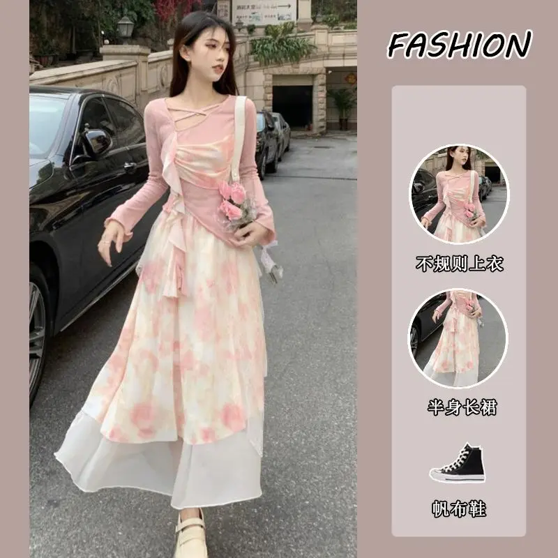 Bộ Đồ Cho Nữ, Hàng Mới Về Mùa Thu 2023, Phong Cách Ngọt Ngào Thích Hợp Cho Các Cuộc Gặp Gỡ, Khâu Bất Đối Xứng Áo Dài Tay, Váy Hoa Cạp Cao