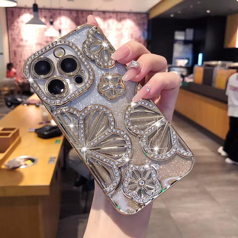 Product Introduction of Luxury Glitter 3D Diamond Flower Phone Case For iPhone 16 15 14 13 12 11 Pro Max Plus Gradient Shockproof Electroplated Cover 6