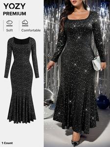 YOZY Women's Glitter Mermaid Dress, Elegant Square Neck Long Sleeve Evening Party Gown, Ladies Clothes for All Seasons