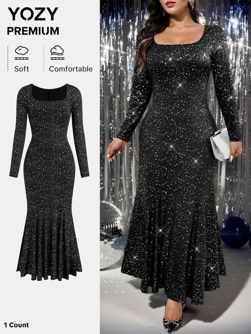 Product Introduction of YOZY Women's Glitter Mermaid Dress, Elegant Square Neck Long Sleeve Evening Party Gown, Ladies Clothes for All Seasons 1