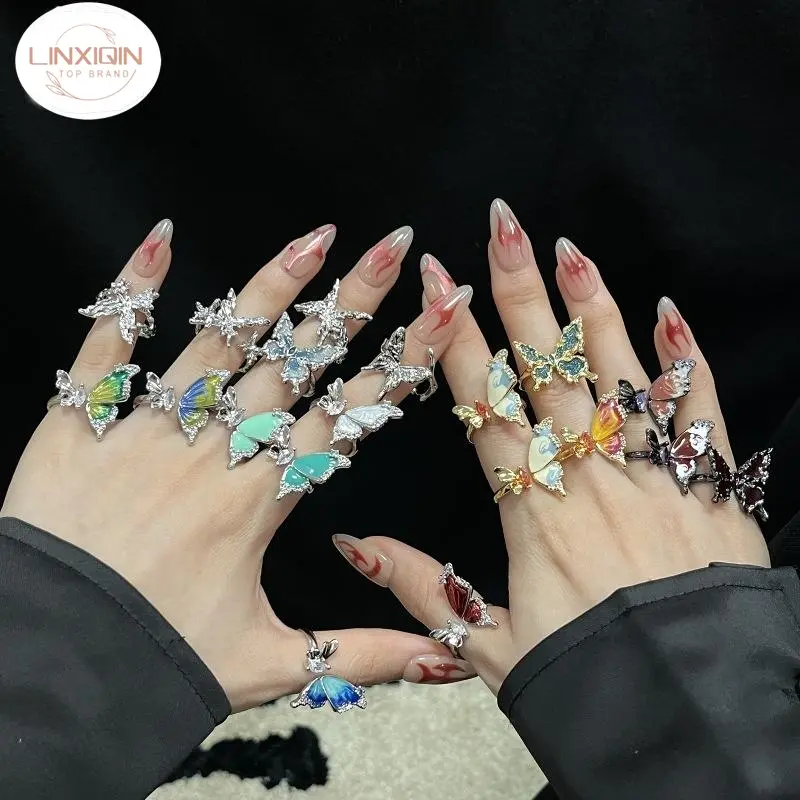 LINXIQIN Butterfly Oil Dripping Open Ring Personalized Minority Design Sense Ins Normcore Style Ring Twin Index Finger Ring Female Fashion Jewelry Ring With Adjustable Opening