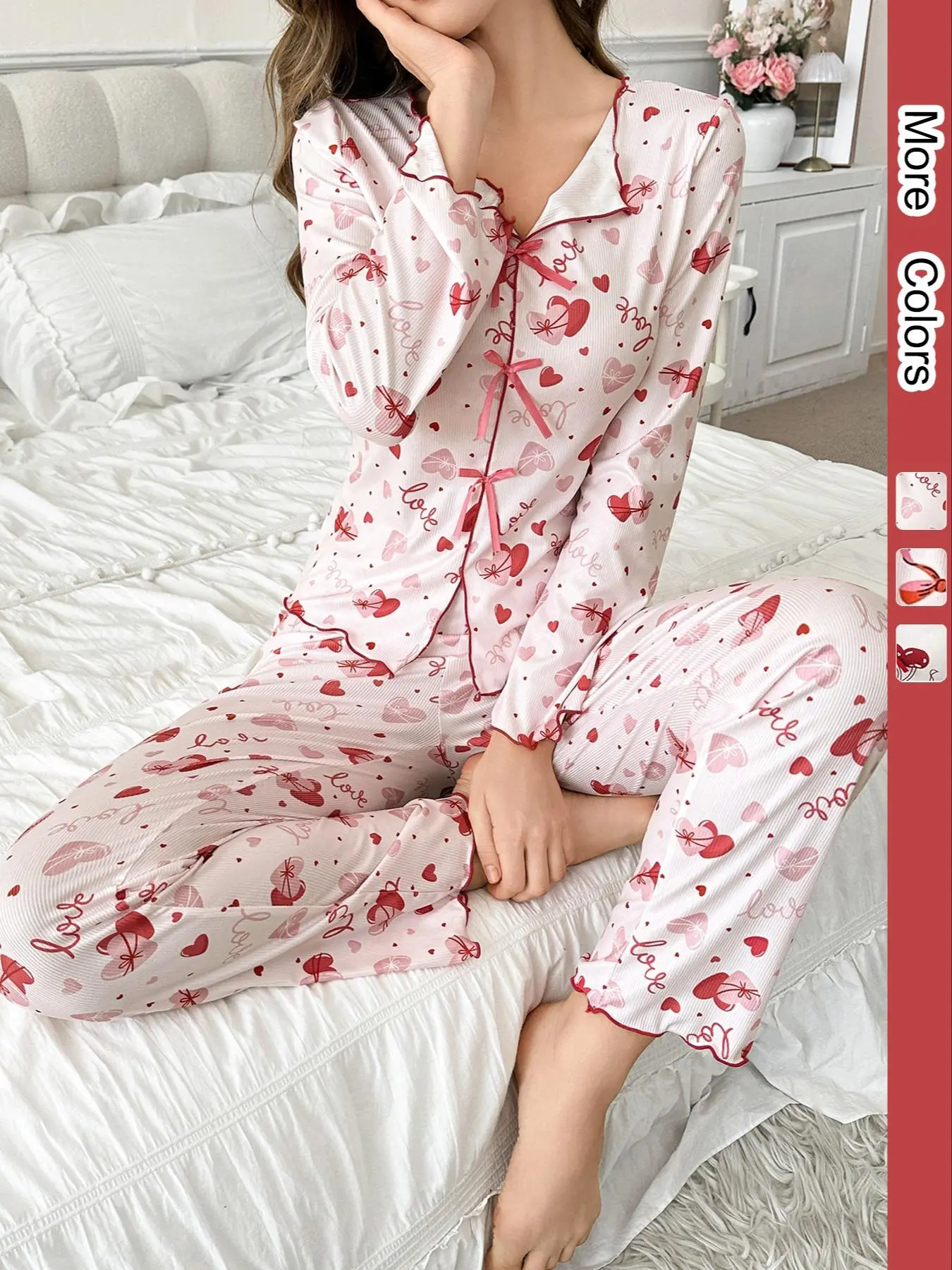 Two-Piece Set Women's Heart & Bow & Cherry Print Lettuce Trim Ribbed Pajama, Casual Comfy Long Sleeve Bow Decor Split Hem Top & Elastic Waist Trousers PJ Set, Ladies Sleepwear for All Seasons