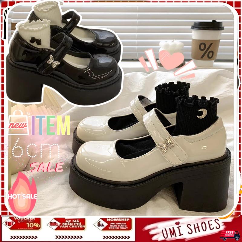 FULLBOX_ SẴN_MỚI Giày Mary Jane Nữ DUP MOTBB Đế Bằng Cao 6cm búp bê Lolita quai dán màu đen kem đẹp THỜI TRANG hot Shoes