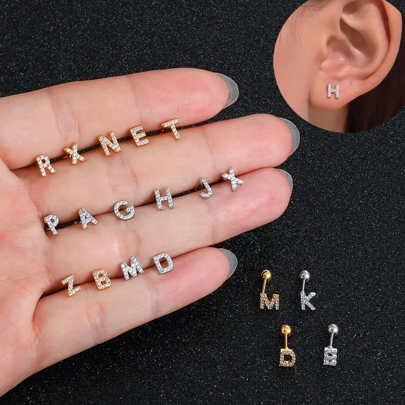 Bông Tai Đinh Tán Xương Tai, Dát Zircon 26 Chữ Cái Tiếng Anh Phong Cách Cổ Điển Cá Tính, Đinh Tán Sợi Chữ Hợp Kim, Xỏ Lỗ Tai Women Khuyên Tai Women Khuyên Tai Hoa Tai Titan 1