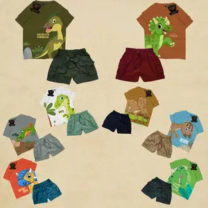 One Set Setelan Anak Unisex Laki Laki Perempuan Dinosaurus Kombinasi Celana Cringkle Parasut Terbaru Baju Fashion