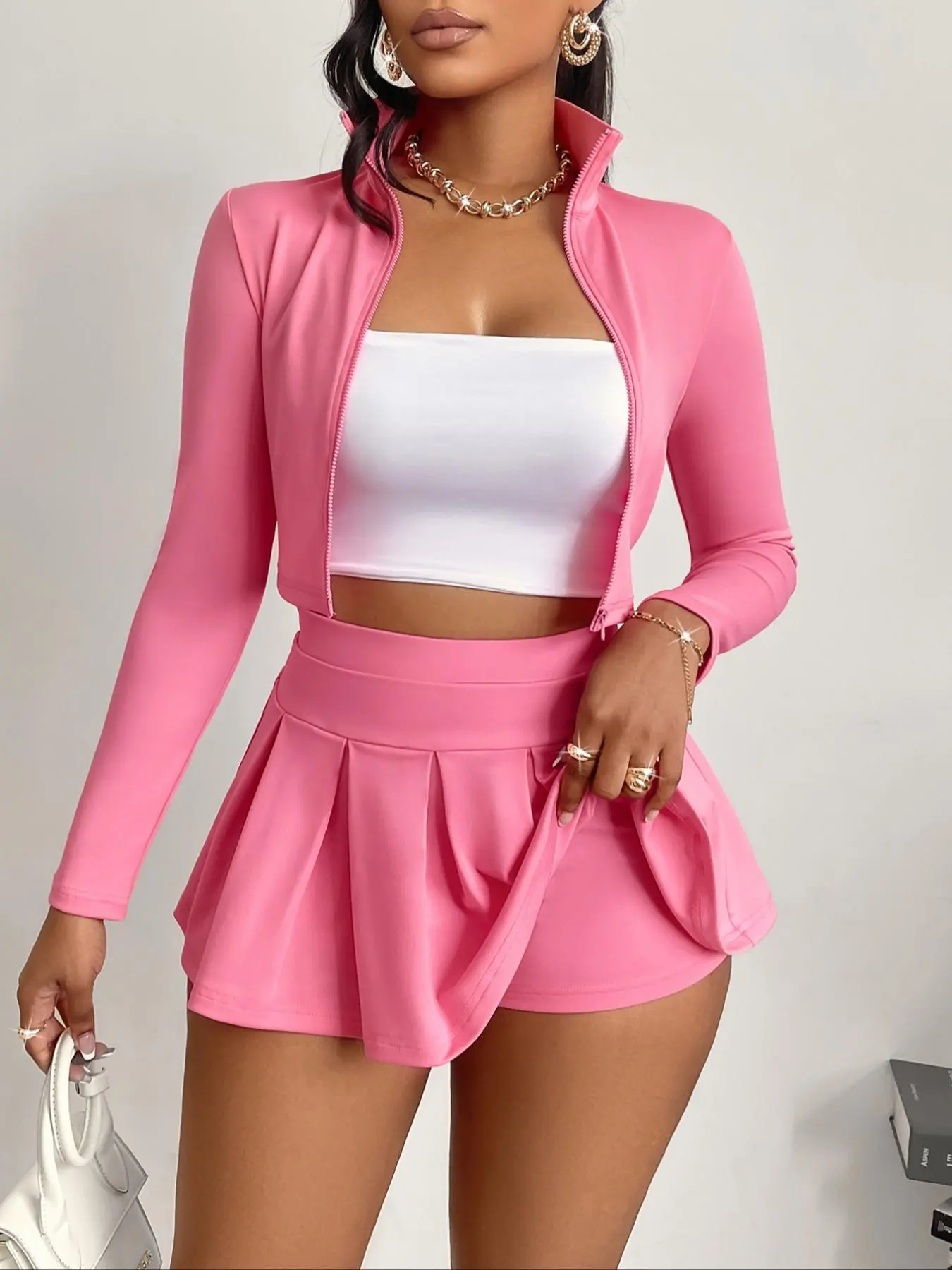 Aliling Women's Solid Zip Up Crop Jacket & High Waist Skirt Two-piece Set, Casual Fashion Cozy Two Piece Outfits for Daily Outdoor Wear, Women Clothes for Spring Fall