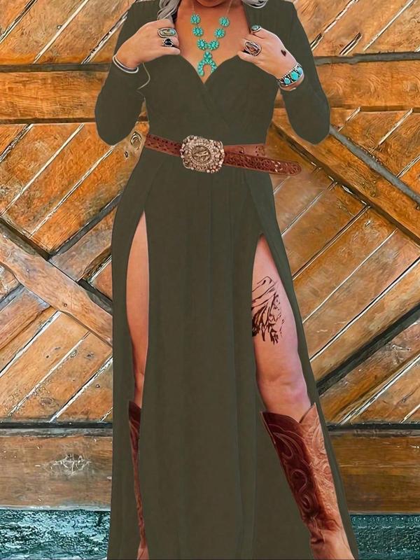 Women's Plain Split Thigh Dress without Belt, Boho V Neck Long Sleeve Dress for Beach Holiday Vacation, Ladies Clothes for All Seasons 4