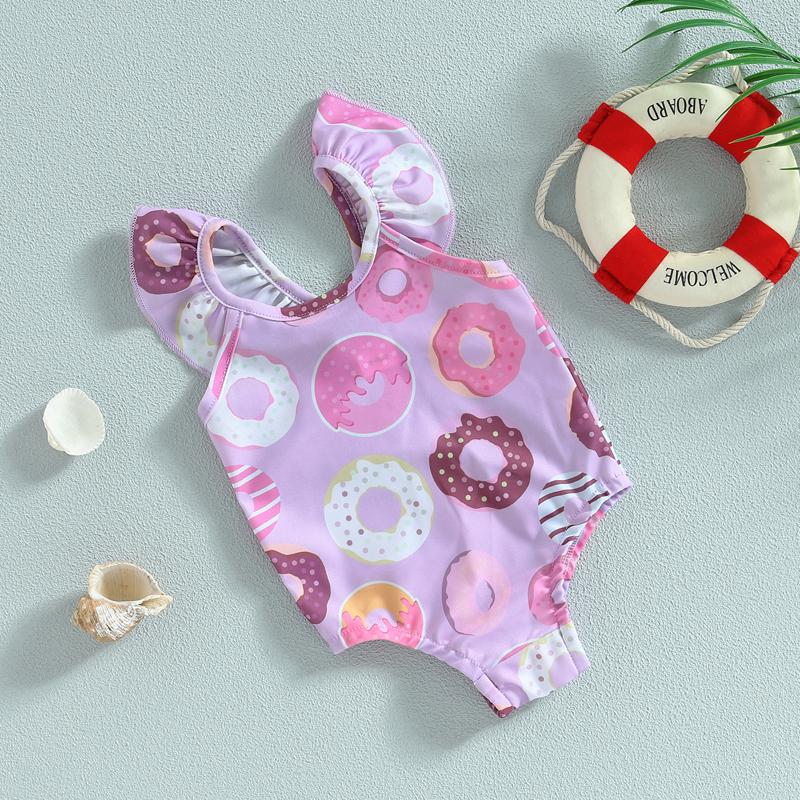 Baby Girls Summer Casual Romper Swimwear Sleeveless Cartoon Donut Print Bathing Suit 2
