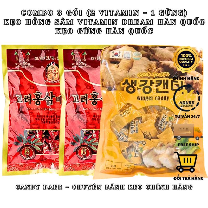 COMBO 3 Kẹo Sâm Hàn Quốc Mix Hai Loại Hồng Sâm Vitamin Dream 200G - Kẹo Gừng Hàn Quốc - Kẹo Hồng Sâm Hàn Quốc