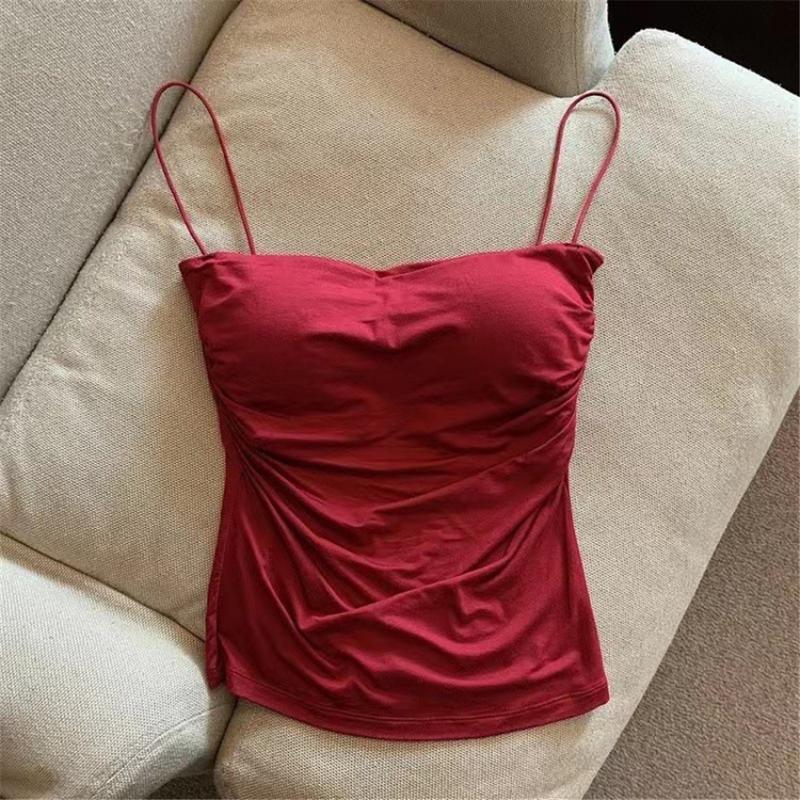 Áo Hai Dây Có Đệm, Kiểu Nâng Ngực, Chất Liệu Lụa Lạnh Áo Crop Top, Áo Vest Hai Dây Xếp Ly Cô Gái Nóng Bỏng Dễ Thương Và Gợi Cảm, Dây Đeo Vai Mỏng, Thích Hợp Cho Phụ Nữ Vào Mùa Hè, Áo Không Tay, Có Thể Mặc Ngoài Trời 0
