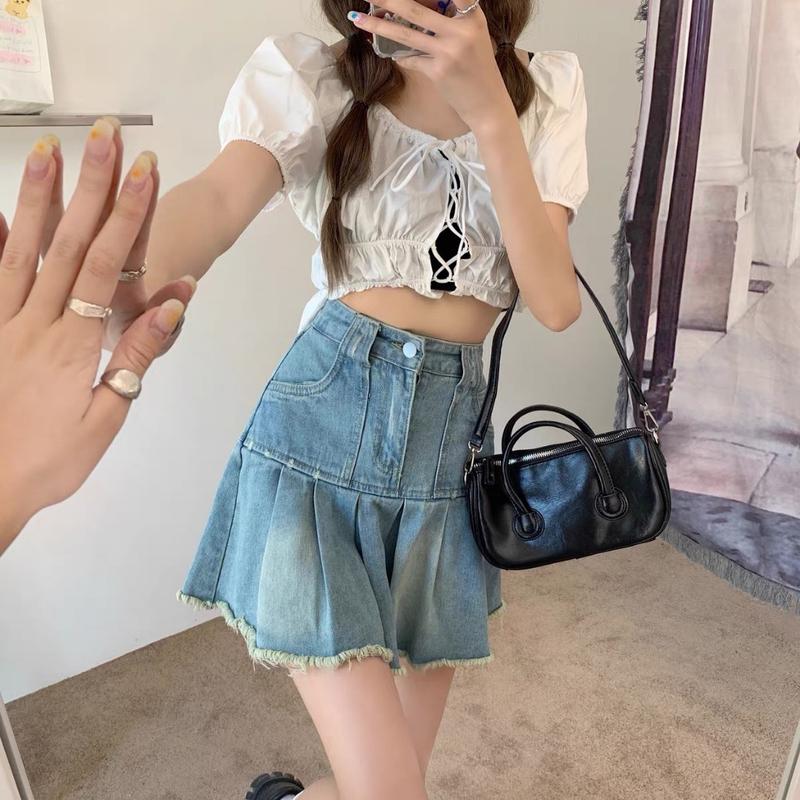 Chân Váy Jean nữ xếp ly SHOP NHƯ QUỲNH  Tua rua gấu, chân váy xếp ly có lót trong c58 0