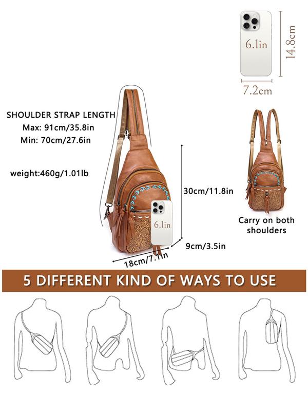 Boho Style PU Leather Chest Bag, Fashionable Floral Pattern Embossed Backpack with Adjustable Strap, Casual Trendy Versatile High-quality Daily Commuting Bag 1