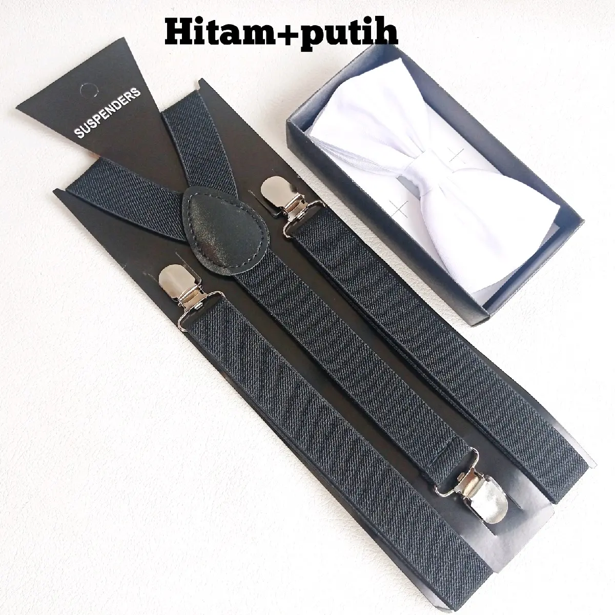 PAKET SUSPENDER DEWASA HITAM+BOWTIE DASI KUPU KUPU PUTIH