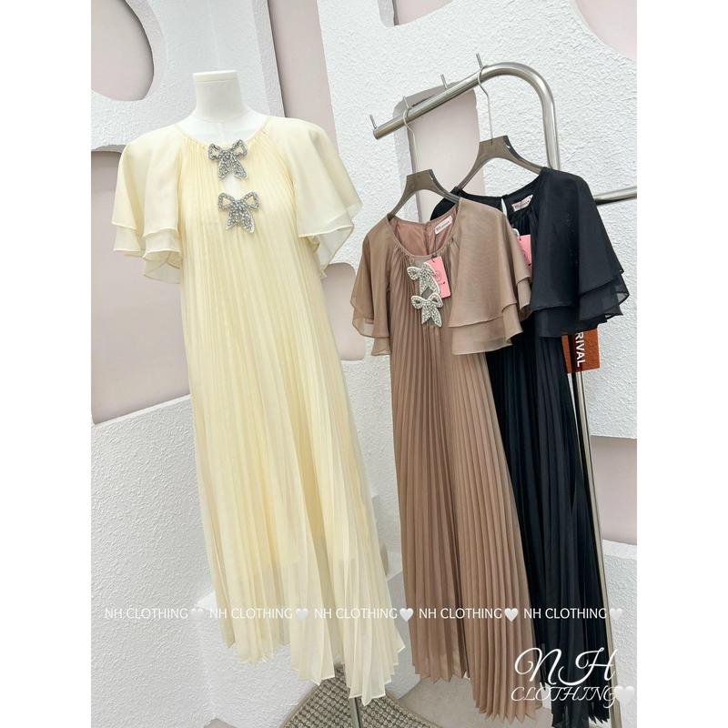 Đầm bầu V1105  váy dập li 2 nơ đá Xuân hè đi làm công sở đẹp xinh với váy bầu suông dự tiệc nhẹ nhàng cho mẹ bầu