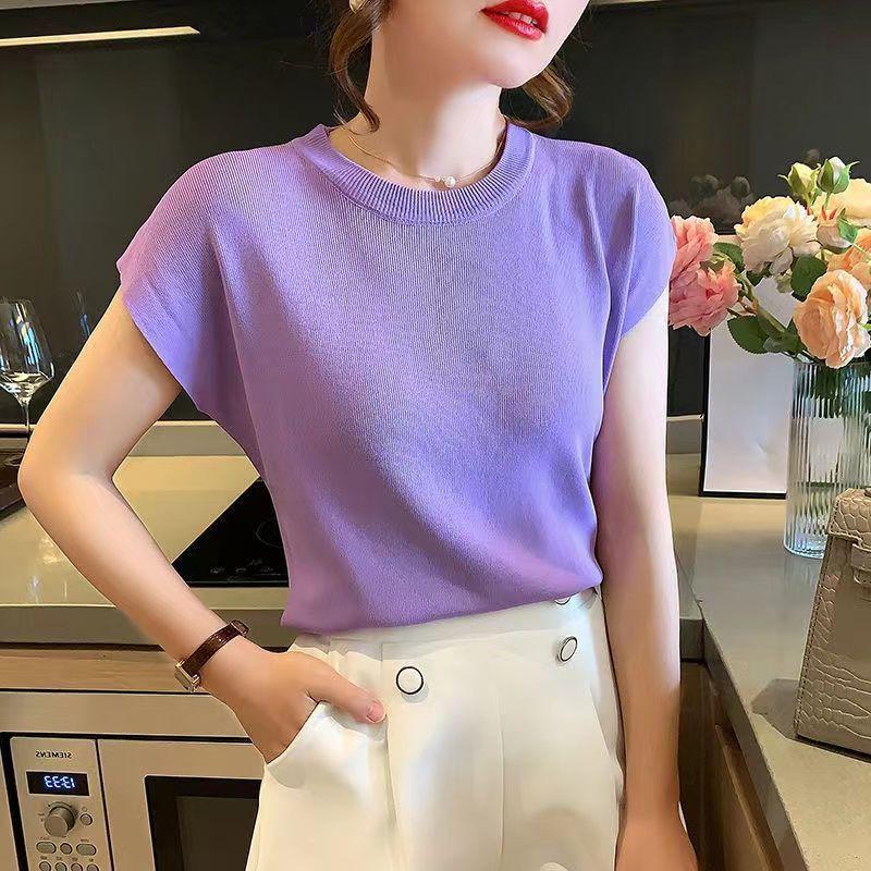 Áo ngắn Tay Cho Nữ, Phong Cách Hàn Quốc, Áo Len Mỏng, Cổ Tròn Nữ, Màu Trơn Dáng Rộng Vừa Vặn, Áo Thun Dệt Kim, Áo Sơ Mi Lụa Lạnh Mùa Hè, Trang Phục Nữ, Hàng Mới Về 0